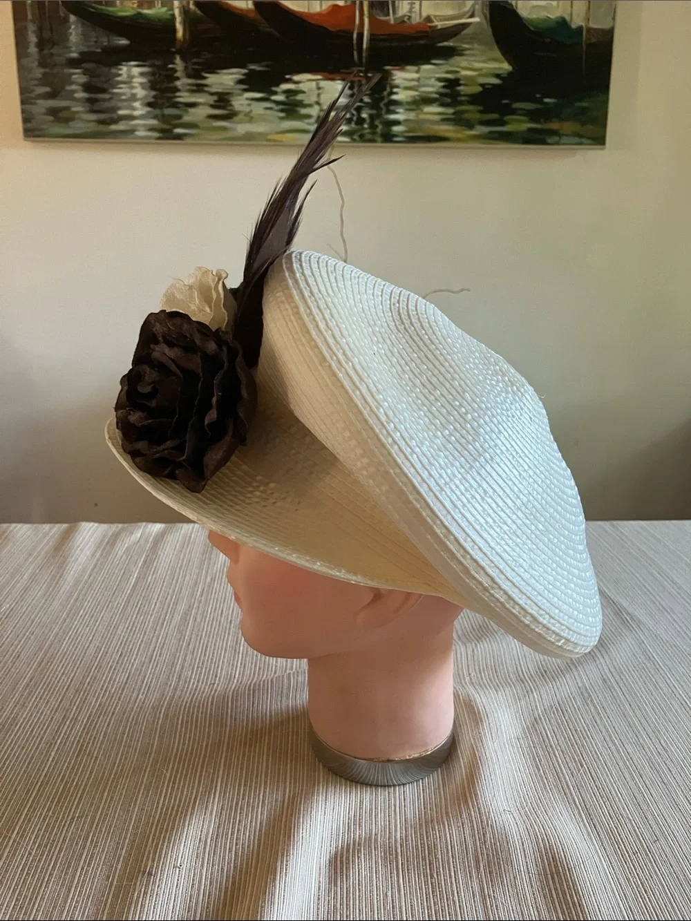 Women’s Cream and Brown Floral Dress Hat with Feather Accent